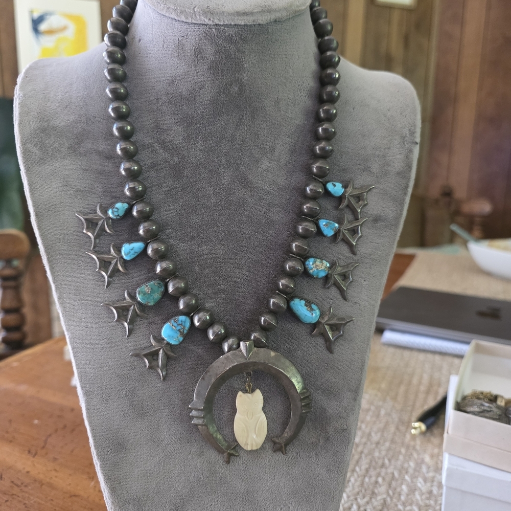 Turquoise and Silver Owl Pendant Necklace